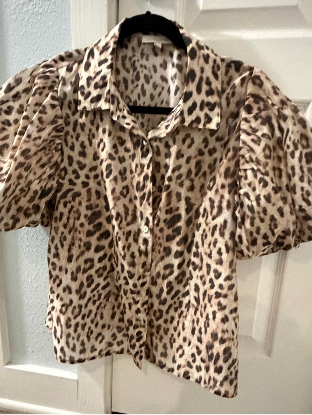 Leopard Print Puff Sleeve Button-Down Top - Beige/Brown